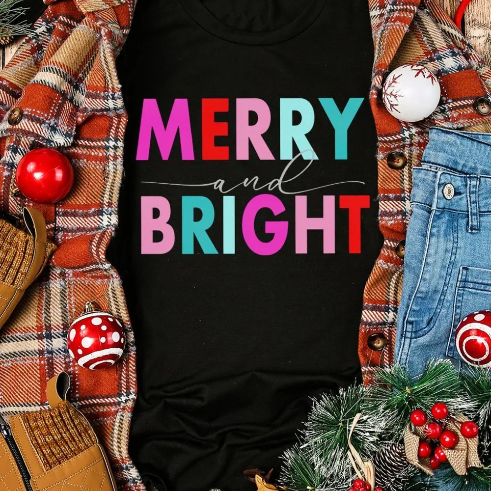 Black MERRY and BRIGHT Crew Neck Graphic Tee - Picture 5 of 8